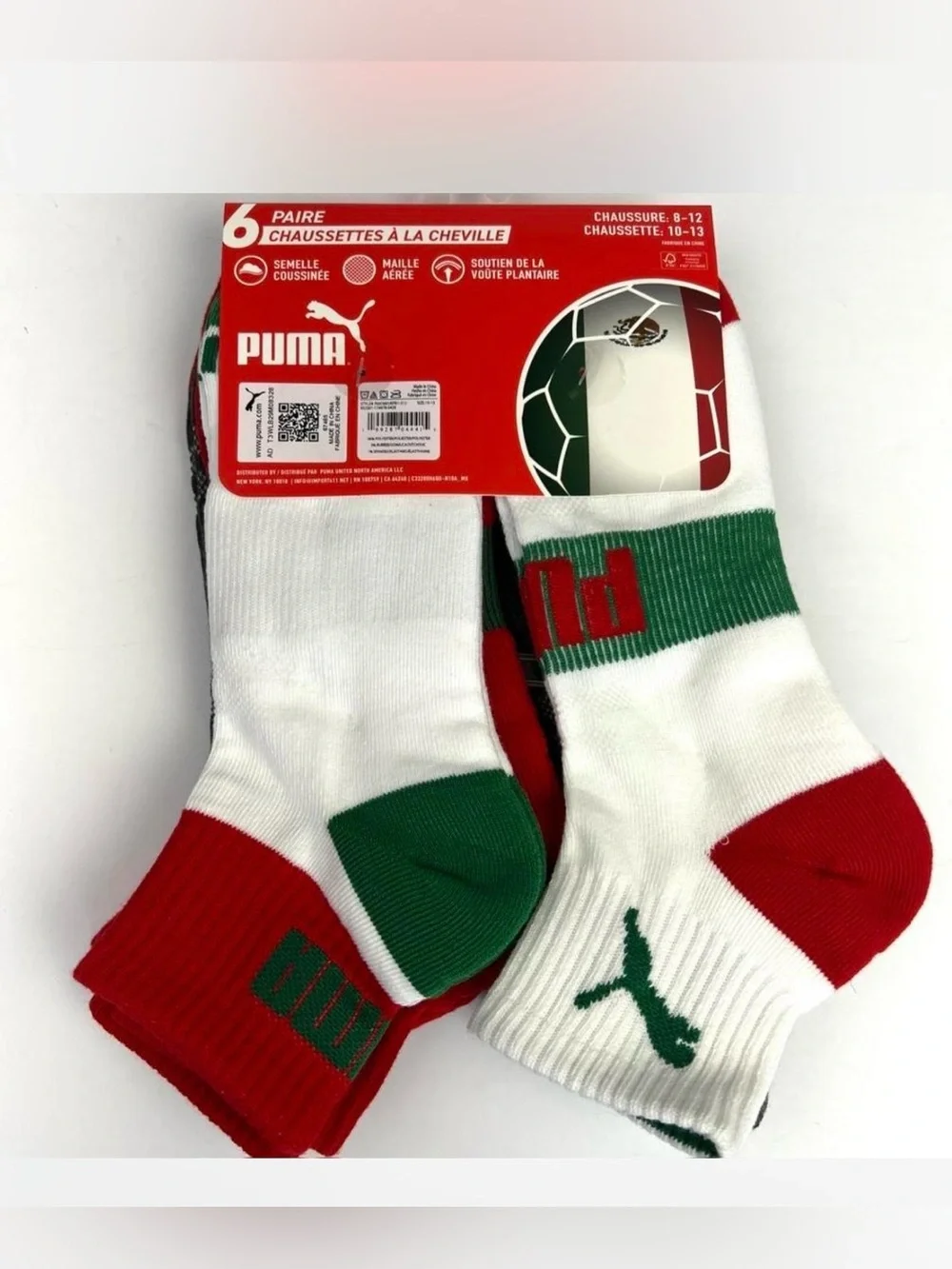 Puma 6 Pair QTR Crew Mexico Soccer Team Socks Shoe Size 8-12 Sock Size 10-13